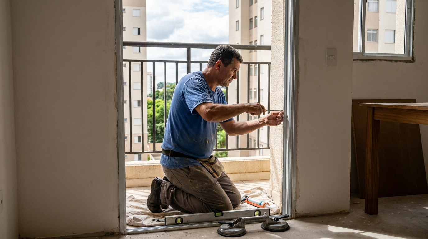 Vidraceiro montando janela em Maceió-AL